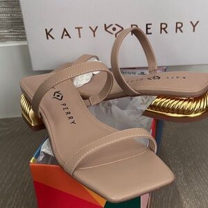 new Katy PerryTan Sandals with Gold Accent Heel